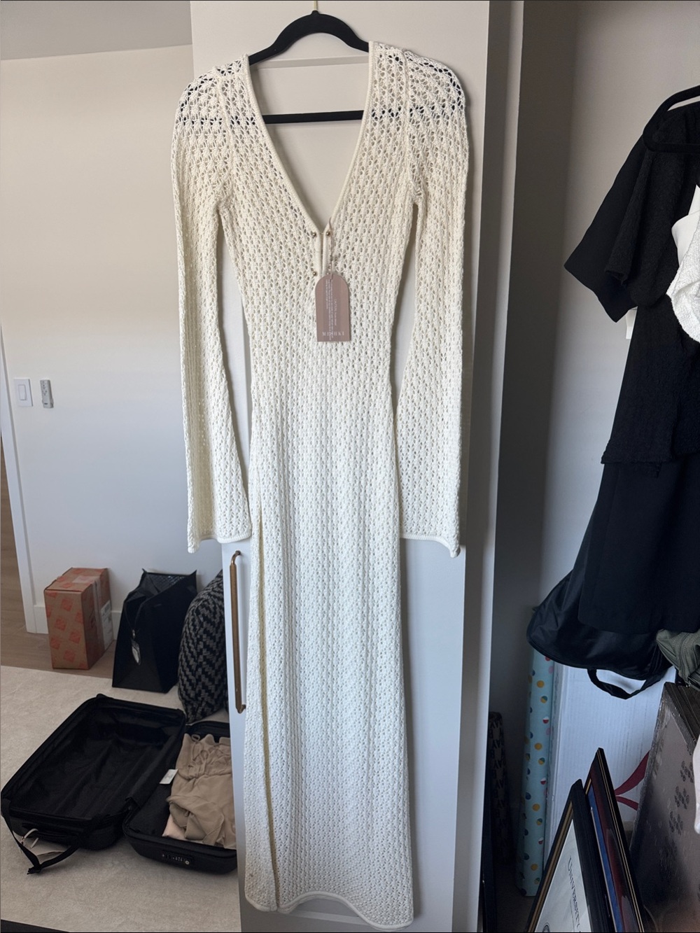 Meshki Cream Open-Knit V-Neck Maxi Dress